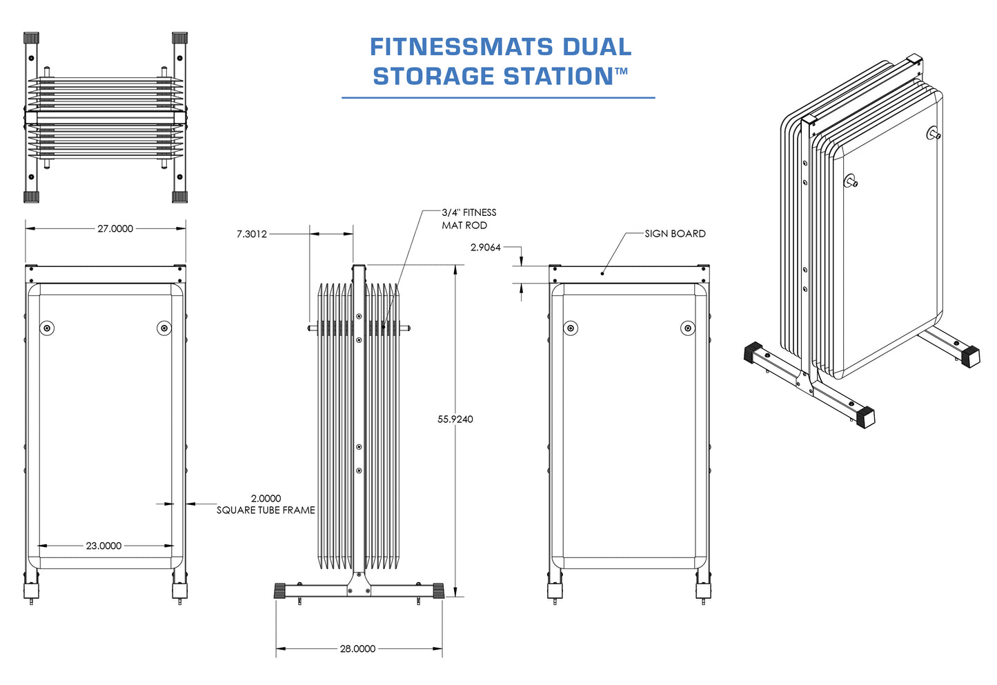 A technical diagram and schematics for the FitnessMats Dual Storage Station.