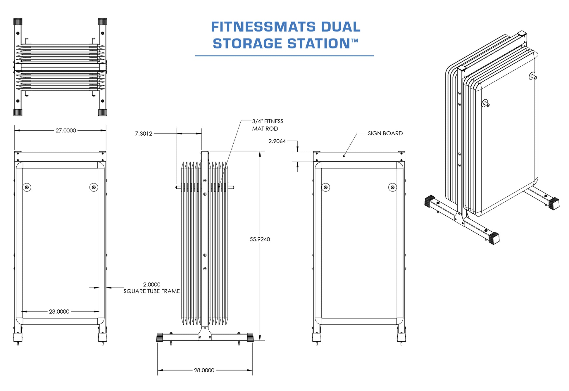 A technical diagram and schematics for the FitnessMats Dual Storage Station.