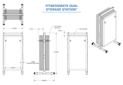 A technical diagram and schematics for the FitnessMats Dual Storage Station.