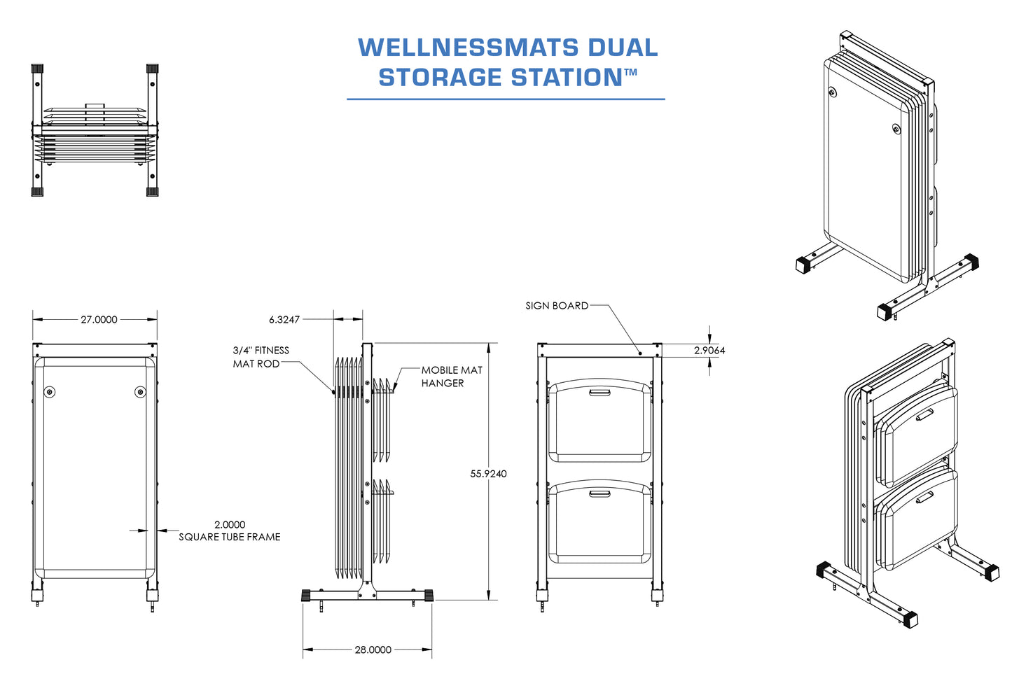 A technical diagram and schematics for the WellnessMats Dual Storage Station.