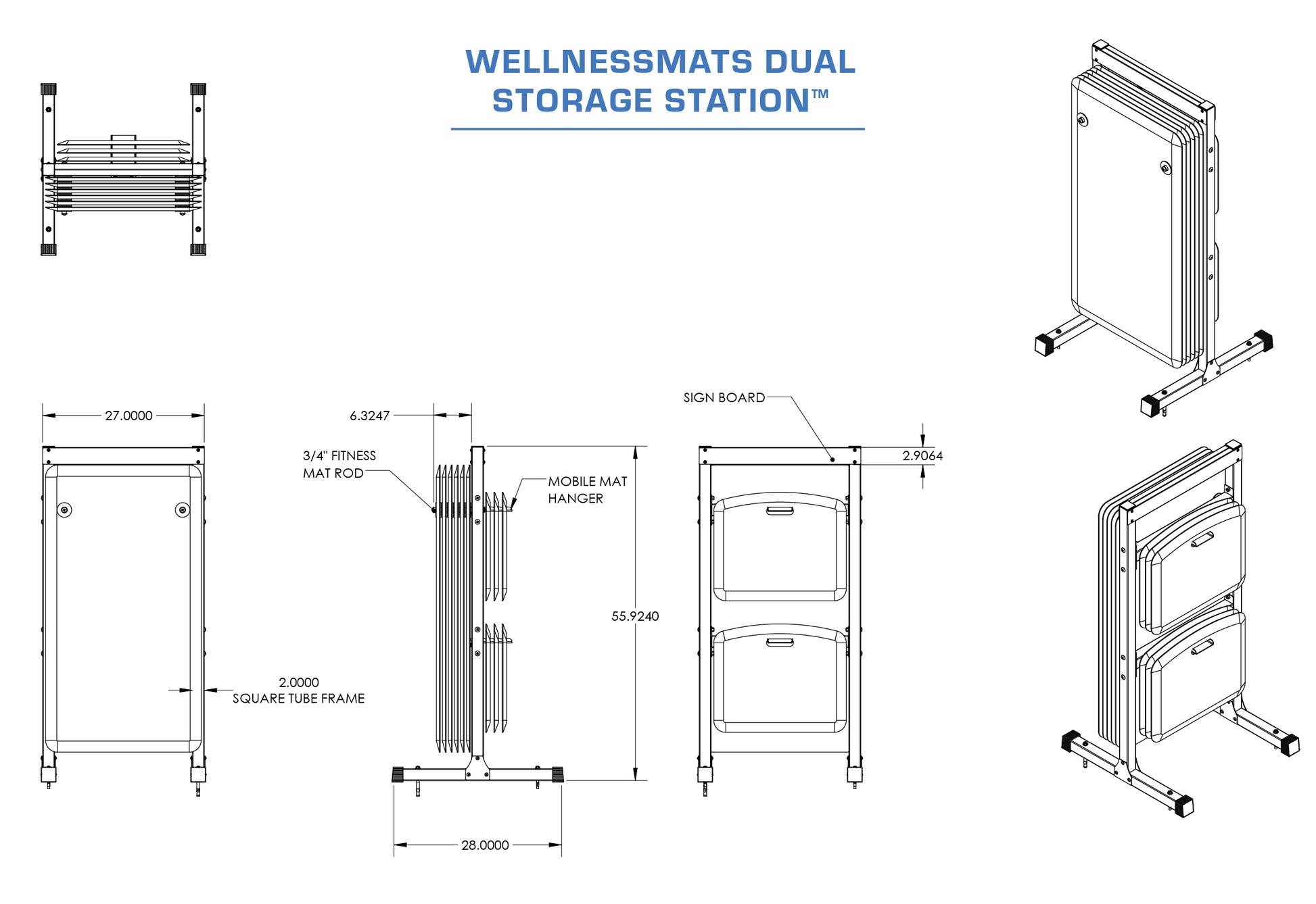 A technical diagram and schematics for the WellnessMats Dual Storage Station.