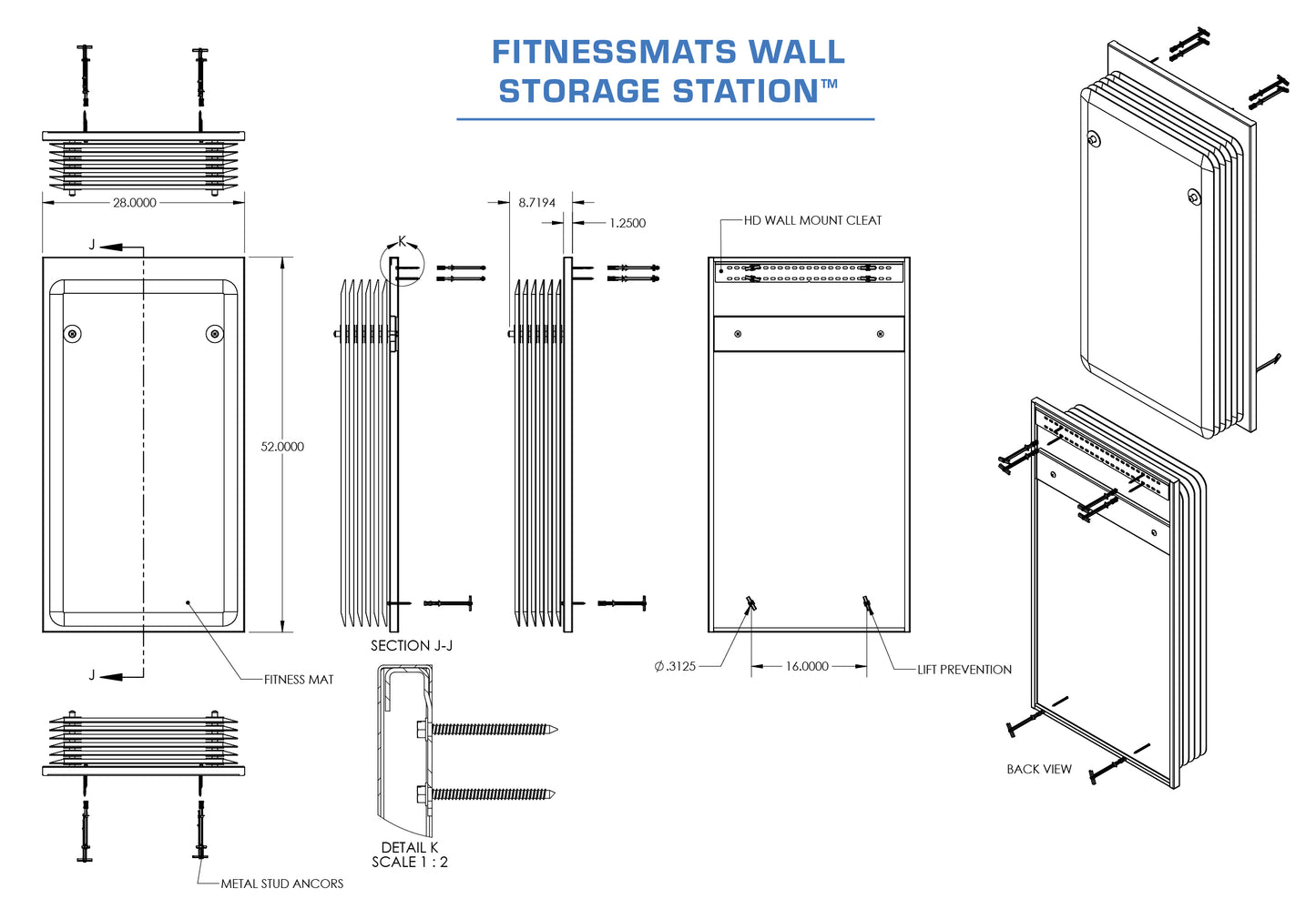 A technical diagram and schematics for the FitnessMats Wall Storage Station.