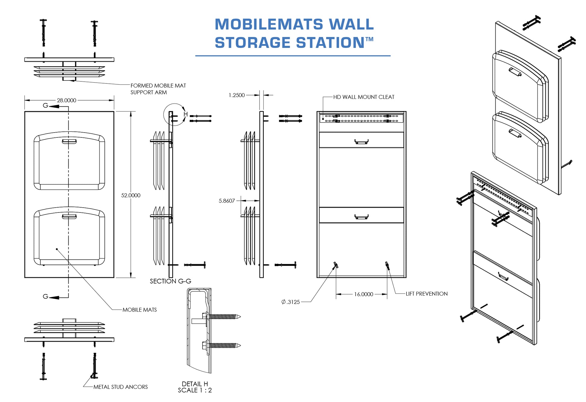 A technical diagram and schematics for the MobileMats Wall Storage Station.